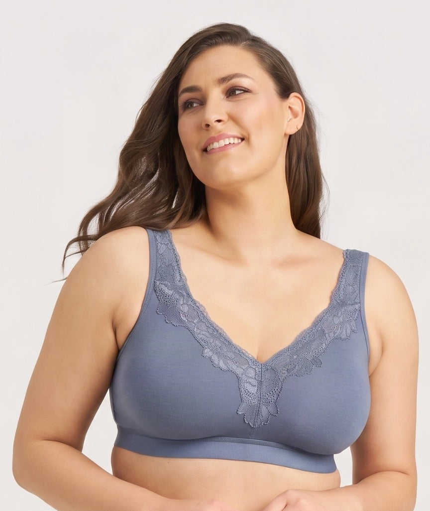 Ava & Audrey Faye Cotton & Lace Wire-free Bra - Denim Blue 
