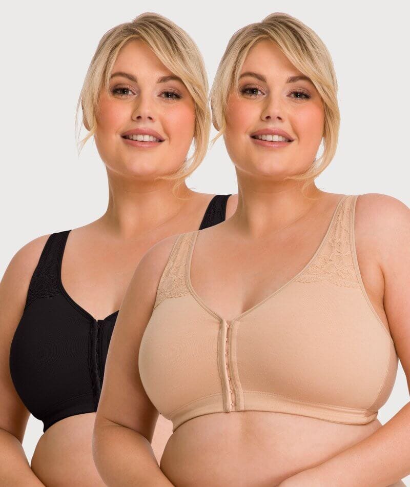 Ava & Audrey Hannah Cotton Wire-Free Front Opening Bra 2 Pack - Black/Frappe Bras  