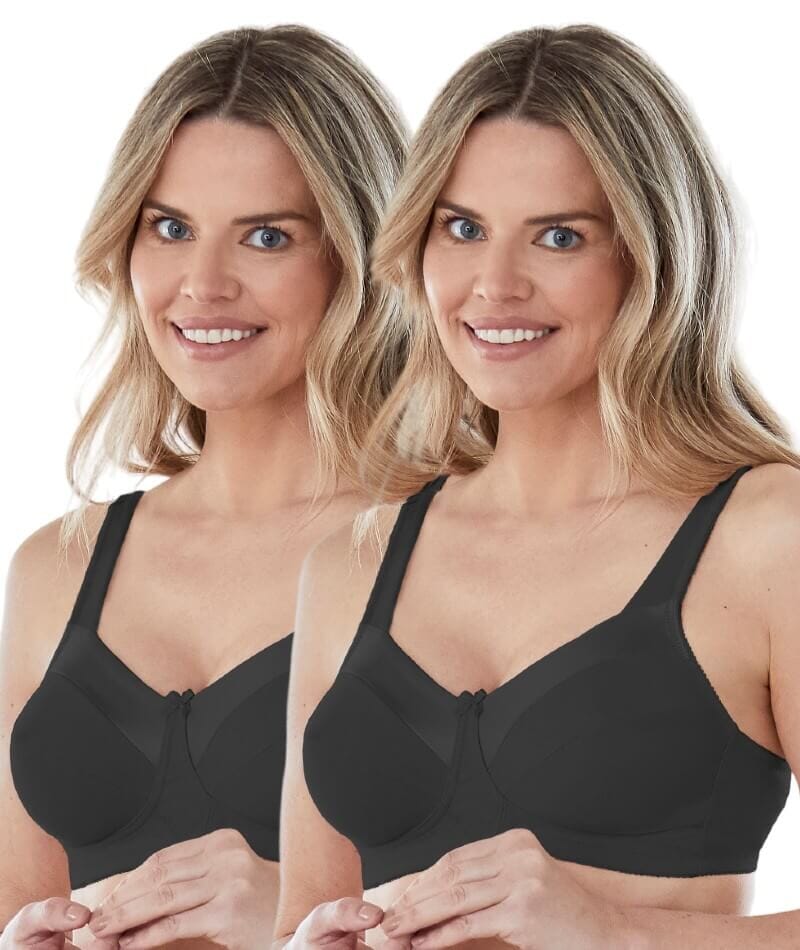 Bestform Satin Trim Wire-Free Cotton Bra With Unlined Cups 2 Pack - Black Bras  