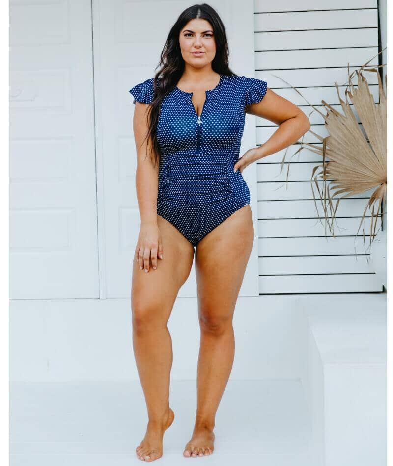 Capriosca Frill Sleeve One Piece Swimsuit - Navy & White Dots Swim 