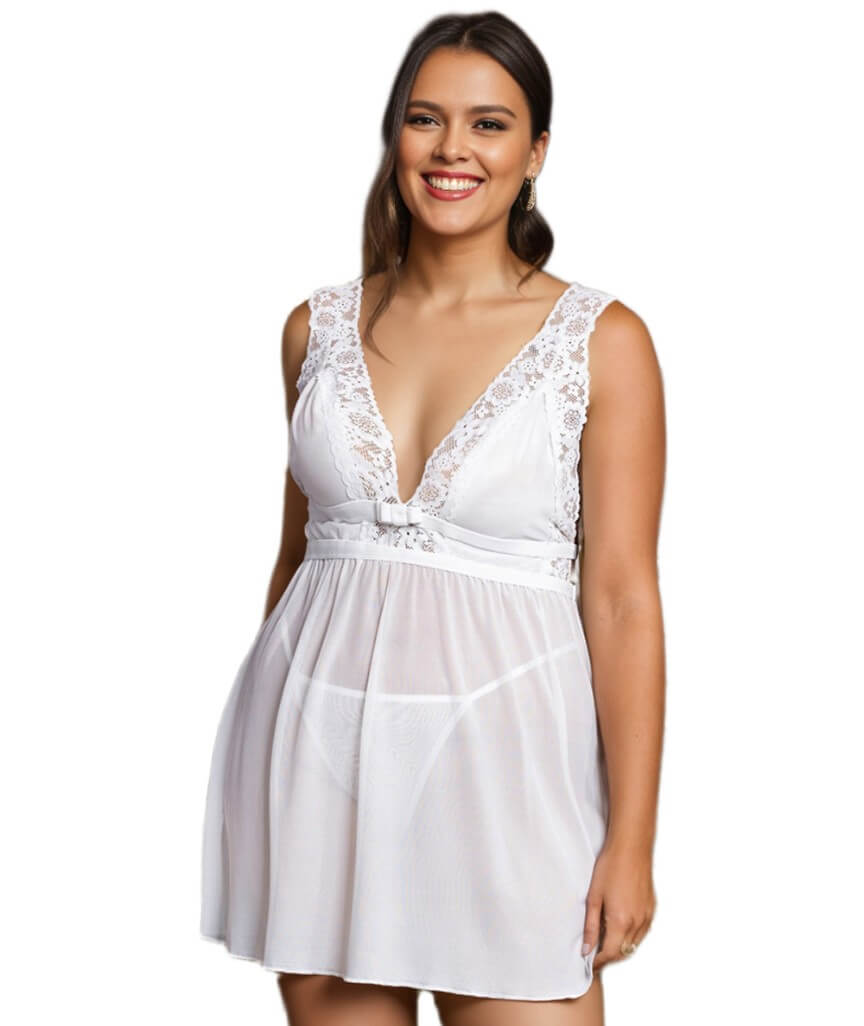 Curvy Deep V-neck Mesh Babydoll - White