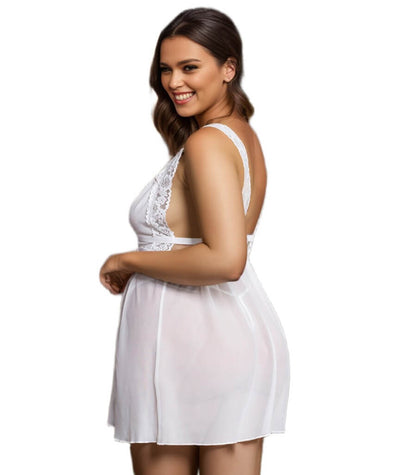 Curvy Deep V-neck Mesh Babydoll - White