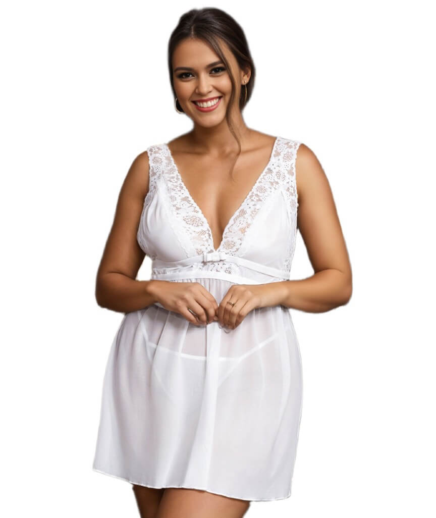 Curvy Deep V-neck Mesh Babydoll - White 