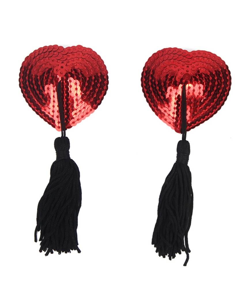 Curvy Heart Sequin with Tassel Nipple Covers - Red/Black 
