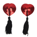 Curvy Heart Sequin with Tassel Nipple Covers - Red/Black