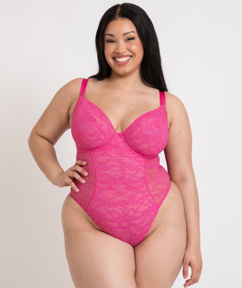 Curvy Kate All Night Lace Plunge Bodysuit - Hot Pink/Blush Bodysuits & Basques  