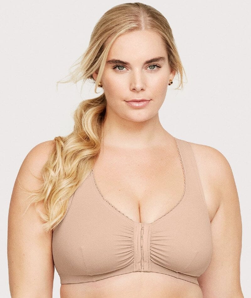 Glamorise Front-Closure Cotton T-Back Wire-Free Comfort Bra - Cafe Bras  