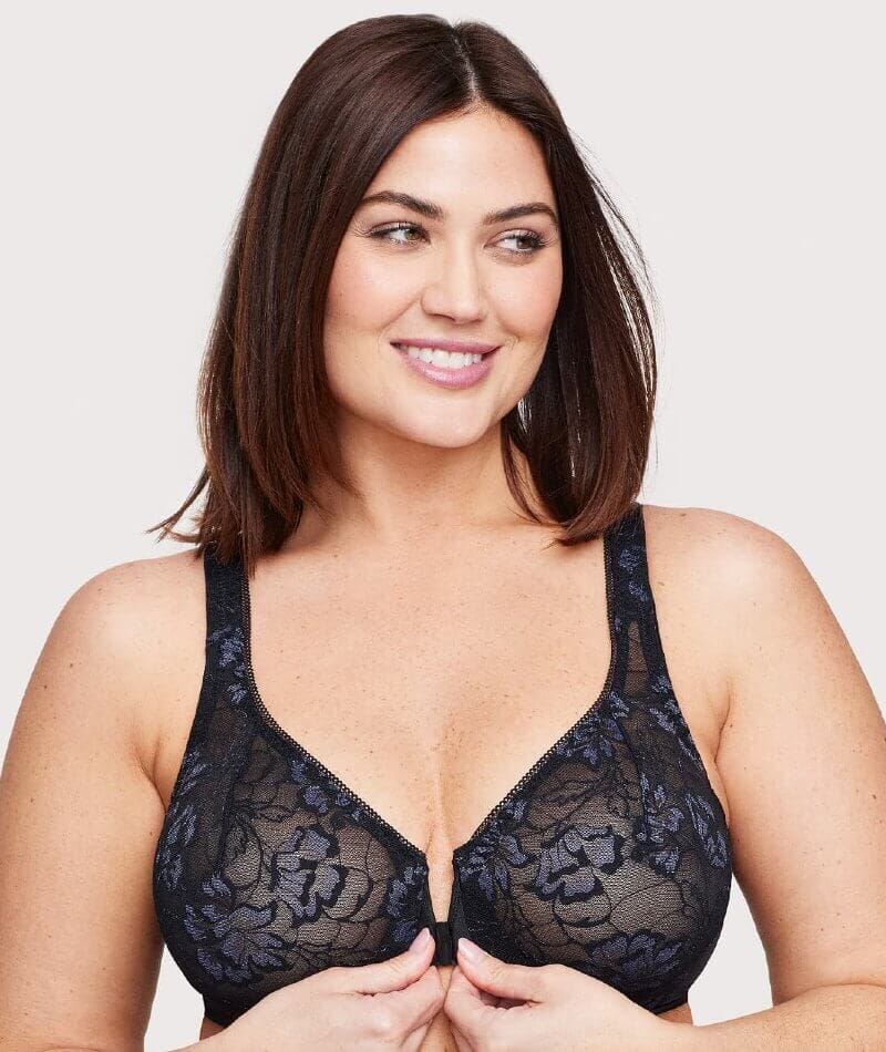 Glamorise Lacey T-Back Front-Closure WonderWire Bra - Black Bras 