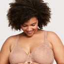 Glamorise Lacey T-Back Front-Closure WonderWire Bra - Cappuccino