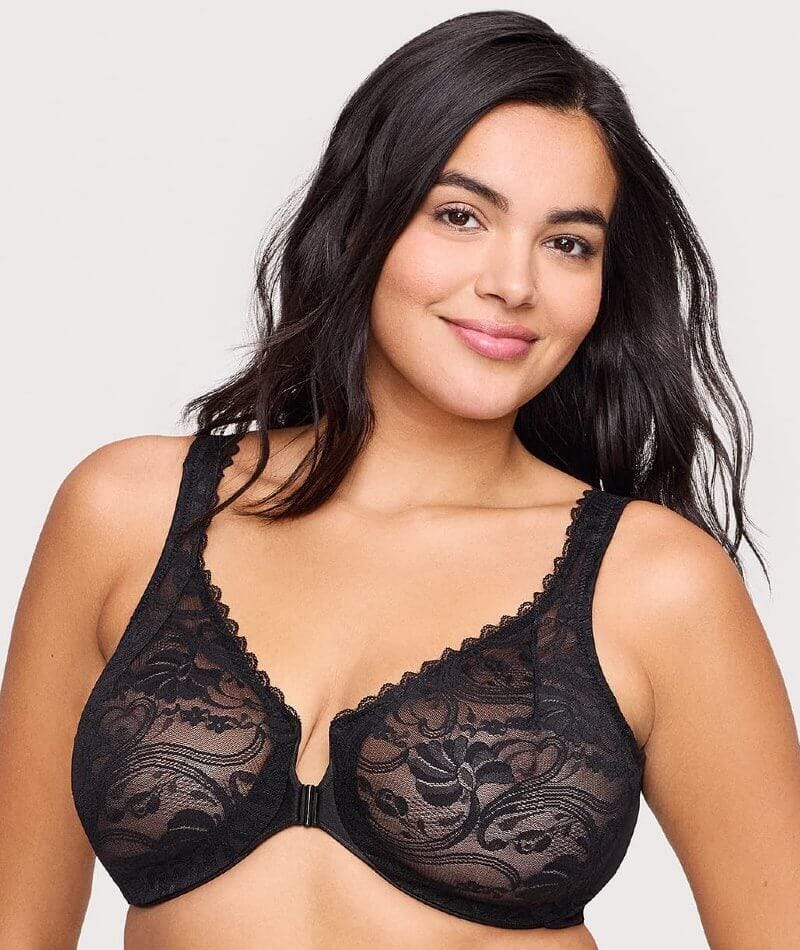 Glamorise WonderWire Front-Closure Stretch Lace Bra - Black Bras  