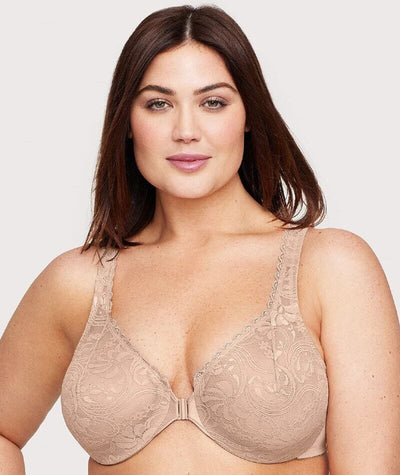 Glamorise WonderWire Front-Closure Stretch Lace Bra - Cafe