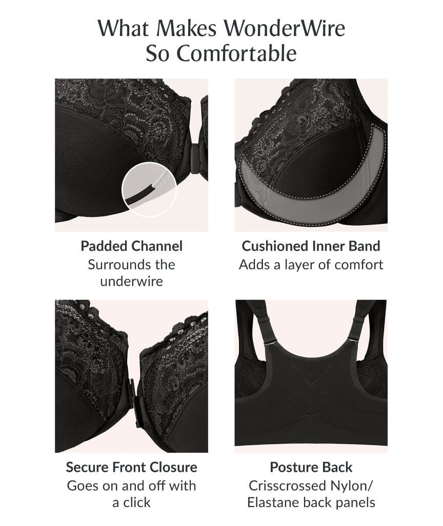 Glamorise WonderWire Front-Closure Posture Back Lace Bra - Black