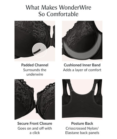 Glamorise WonderWire Front-Closure Posture Back Lace Bra - Black