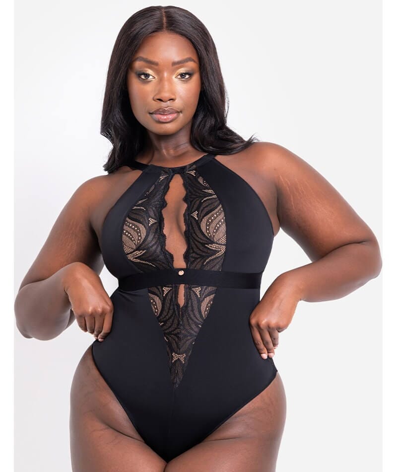 Scantilly Indulgence Stretch Lace Bodysuit - Black/Latte Bodysuits & Basques  
