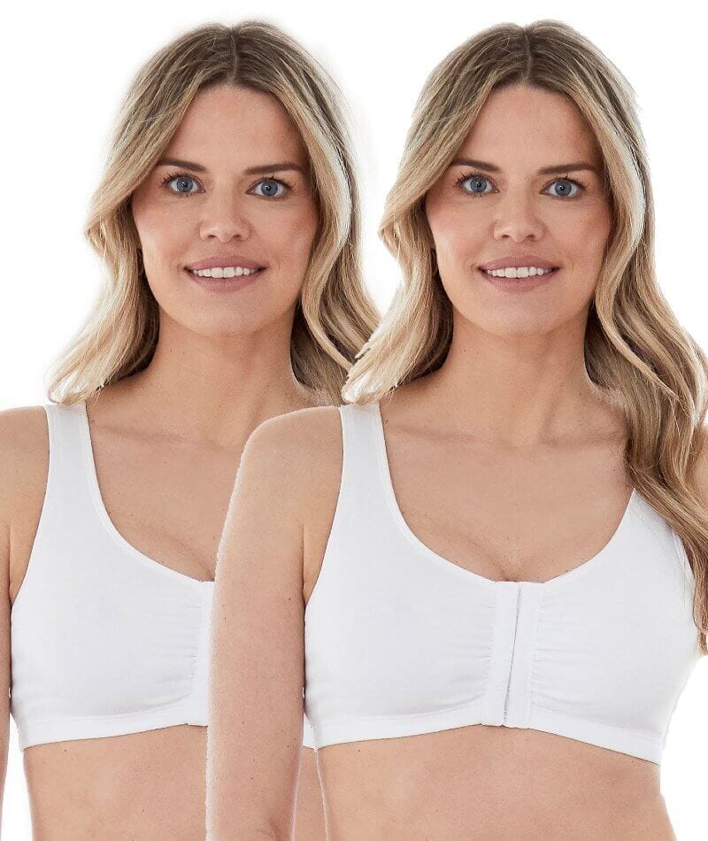 Bestform Unlined Wire-free Cotton Stretch Sports Bra with Front Closure 2 Pack - White Bras 