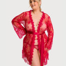 Curvy All Over Lace Long Sleeve Short Robe Sleepwear with Thong - Red