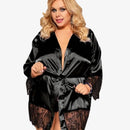 Curvy Elegant Satin Eyelash Lace Long Sleeve Short Robe Sleepwear with Thong - Black