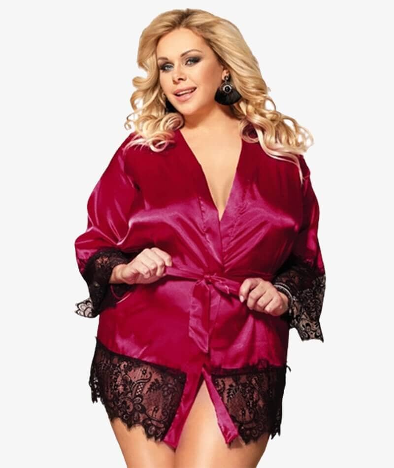 Curvy Elegant Satin Eyelash Lace Long Sleeve Short Robe Sleepwear with Thong - Red Babydoll / Chemise 