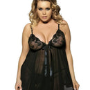Curvy Mesh & Lace Cup Babydoll Nightdress with G-String - Black