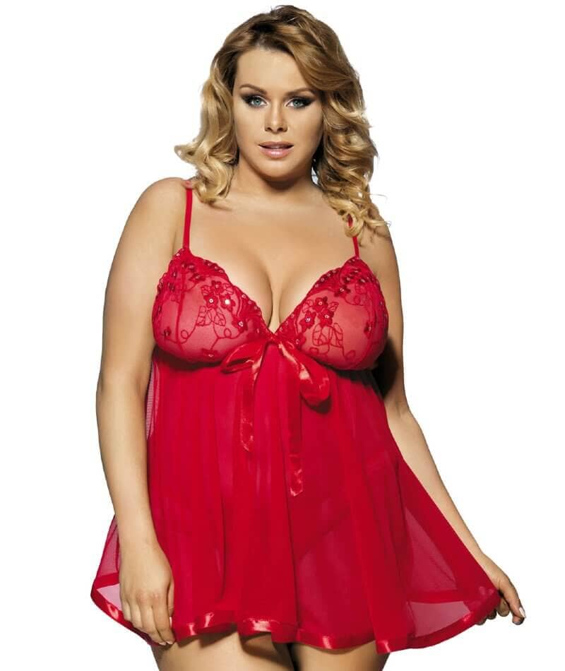 Curvy Mesh & Lace Cup Babydoll Nightdress with G-String - Red Babydoll / Chemise  