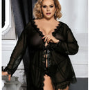 Curvy Mesh & Lace Trim Robe with Thong - Black