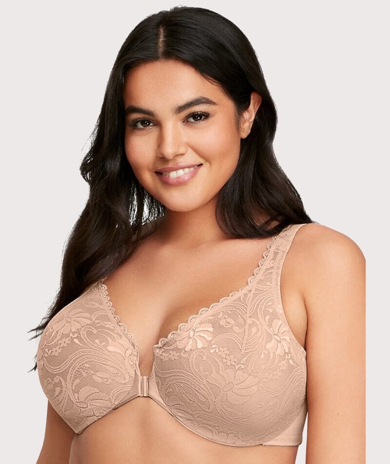 Glamorise WonderWire Front-Closure Stretch Lace Bra - Cafe Bras 