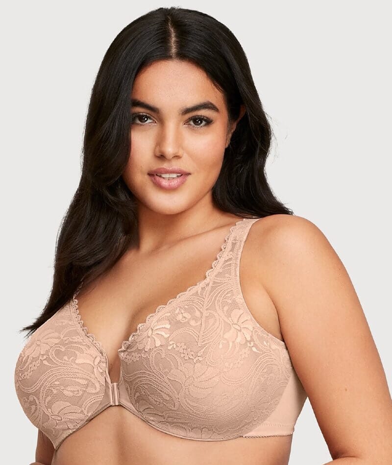 Glamorise WonderWire Front-Closure Stretch Lace Bra - Cafe Bras 