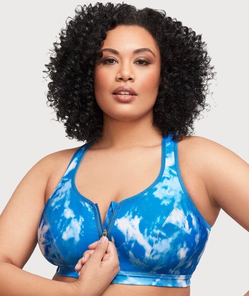 Glamorise Zip Up FrontClosure WireFree Sports Bra Blue TieDye