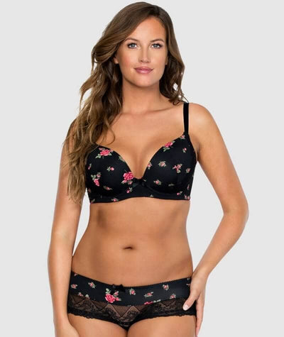 Parfait Casey Contour Plunge Bra - Black with Rose Print Bras 