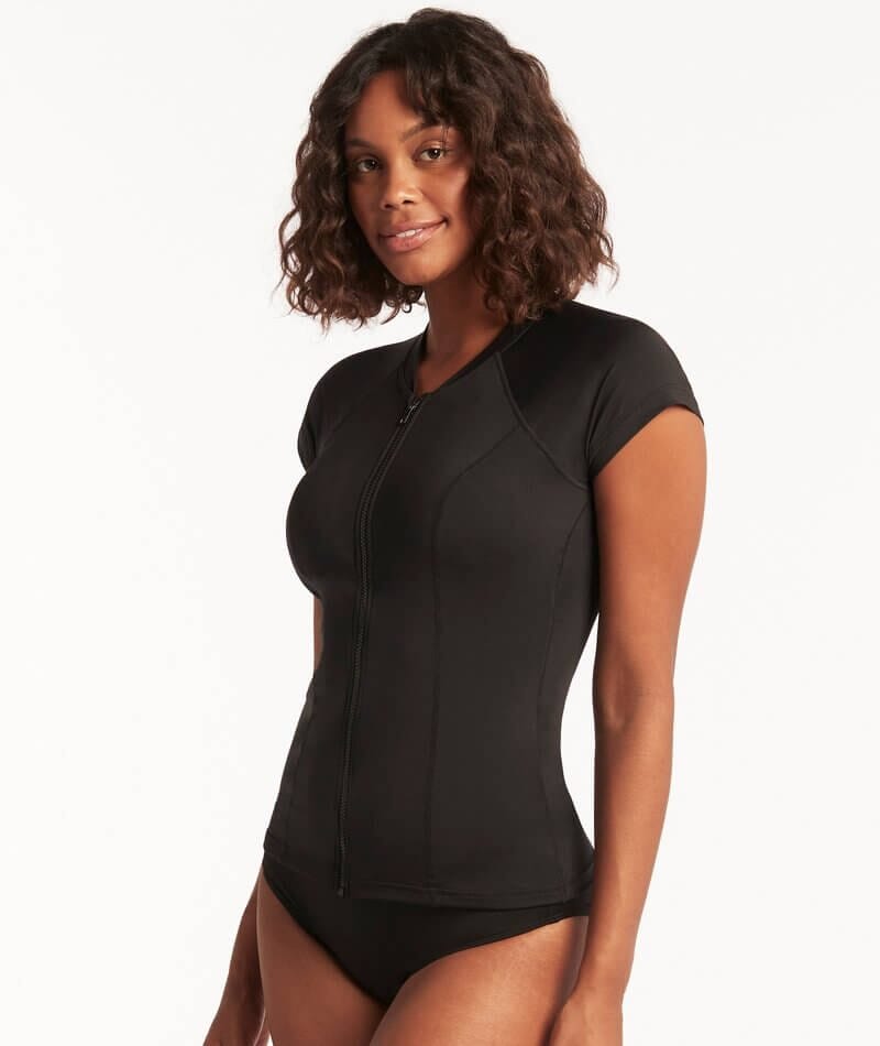 Sea Level Eco Essentials Short Sleeved Rash Vest - Full Zipper - Black Swim 